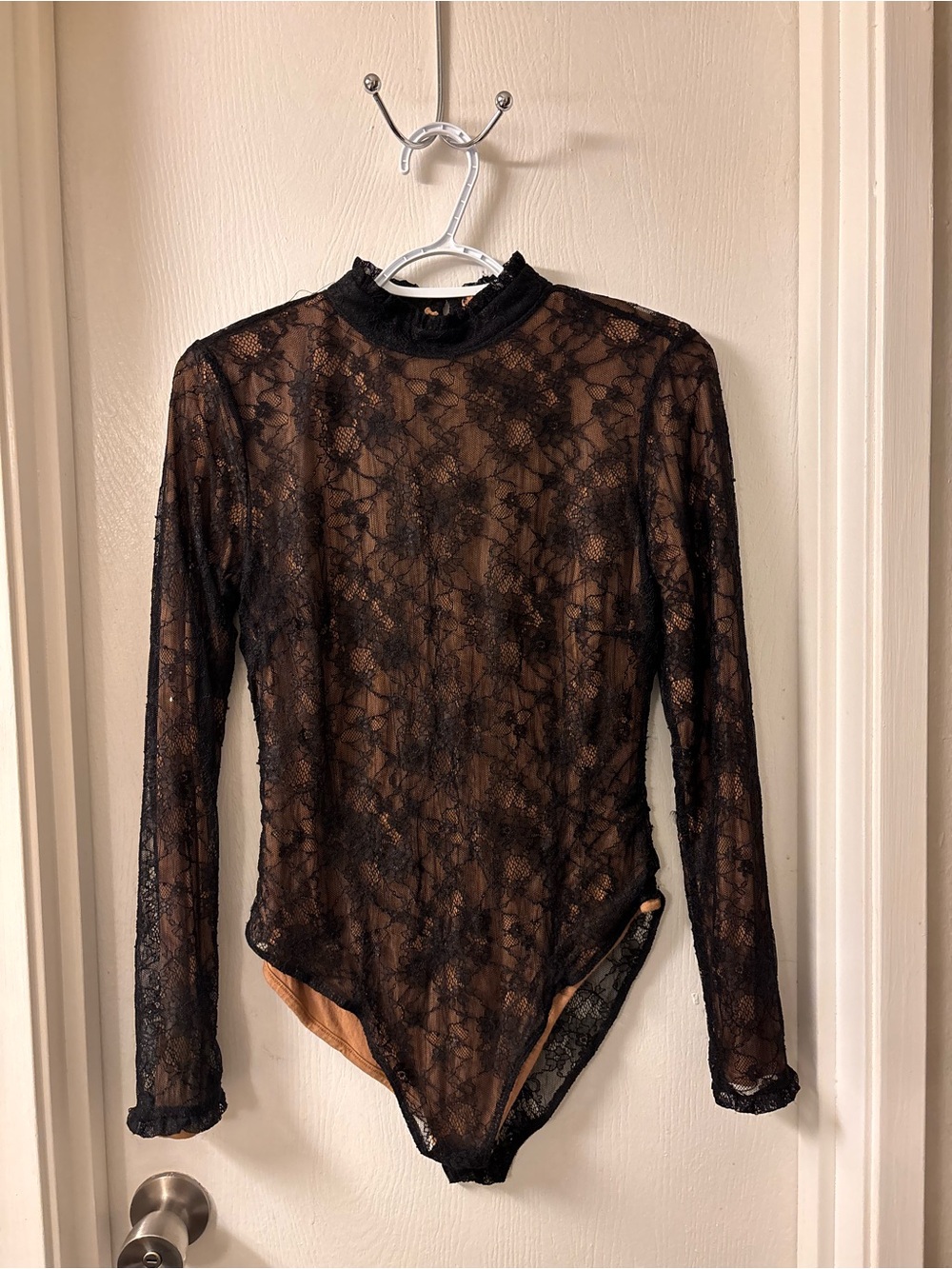 Sheer Black Lace Long-Sleeve Bodysuit
